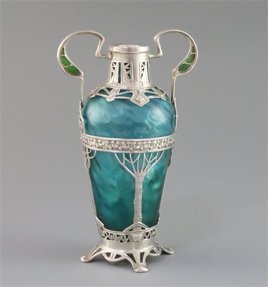 An early 20th century Austrian? Art Nouveau silver mounted two handled blue/green glass vase,